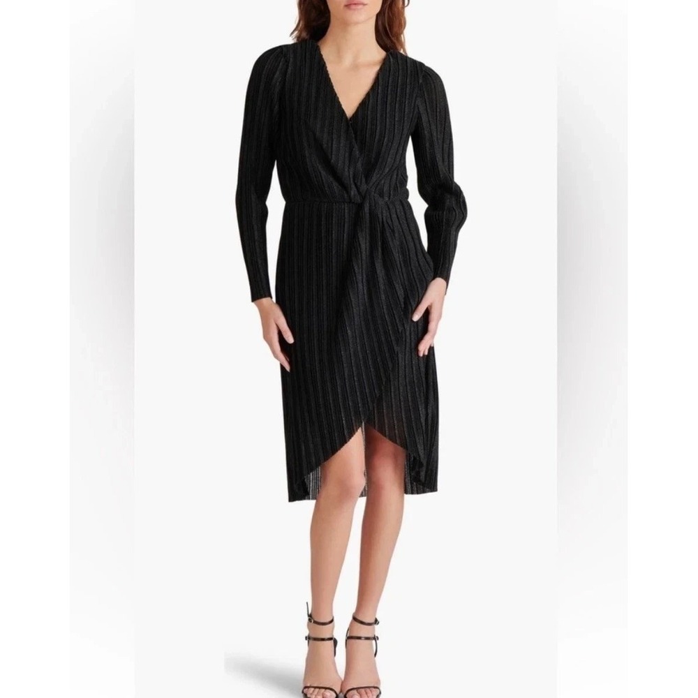 Steve Madden Metallic Crinkle Dress Large‎ Black Shimmer Knot Front Long Sleeve